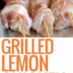 three pictures of grilled lemon chicken, marinating, skewered, cooked