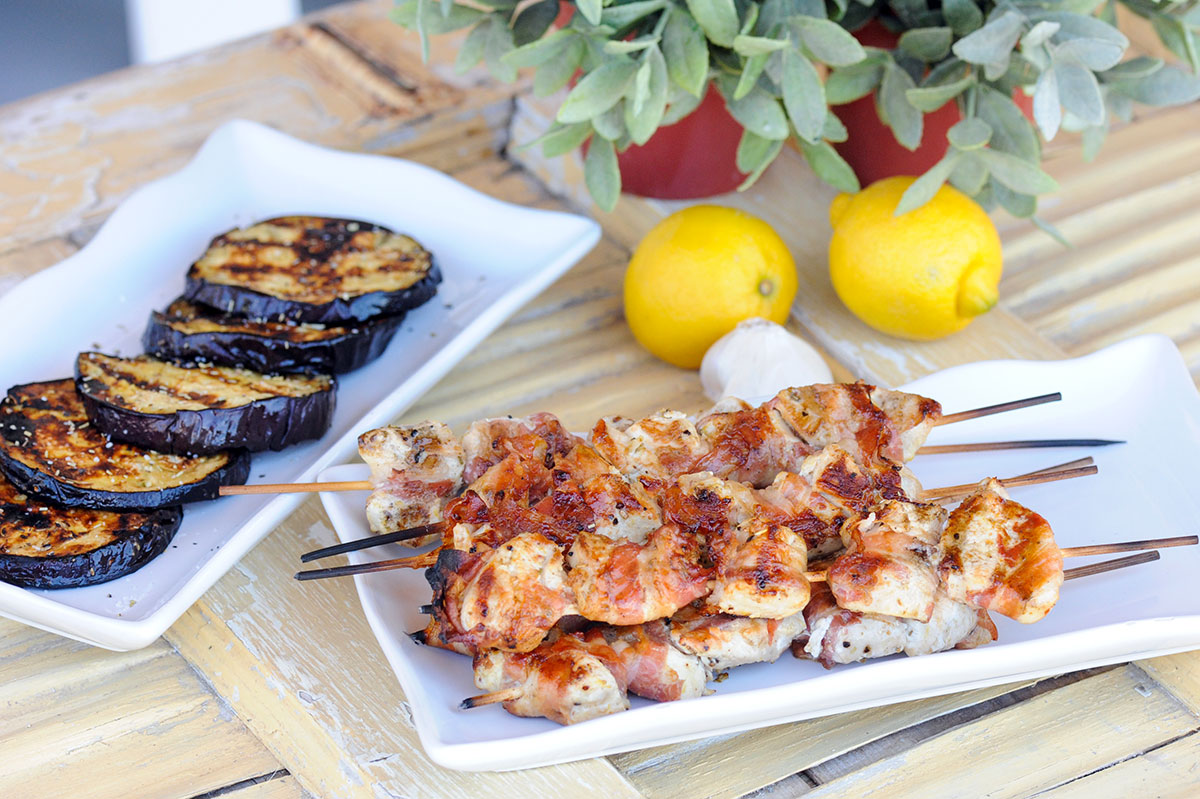 grilled lemon chicken and grilled eggplant.