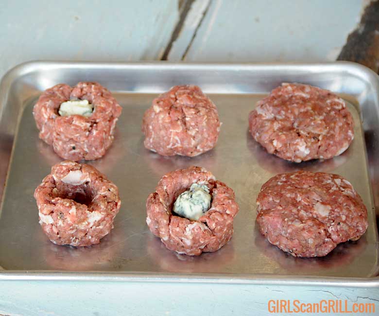 6 beef patties with blue cheese stuffed inside