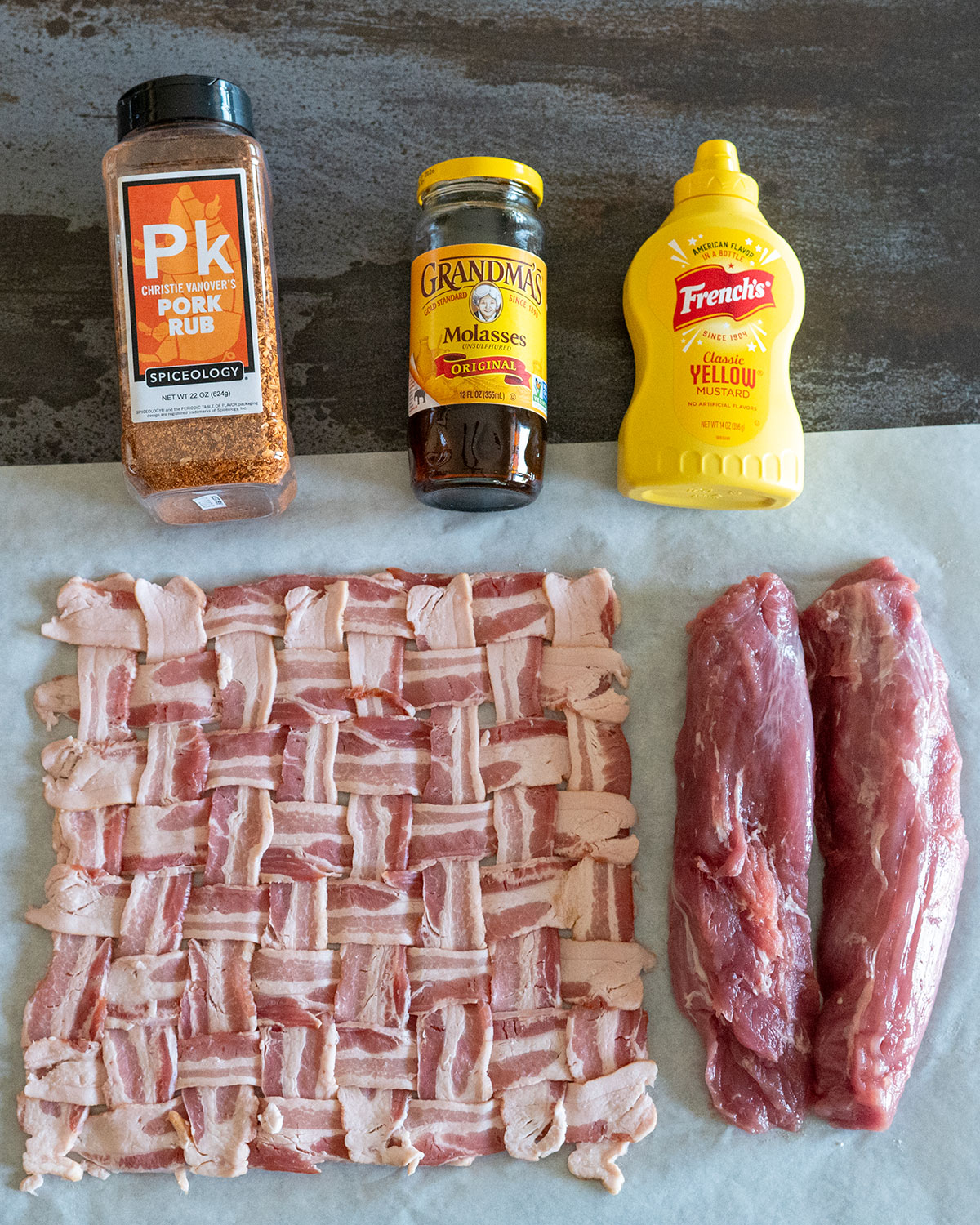 bacon weave, pork tenderloin, pork rub, molasses, mustard.
