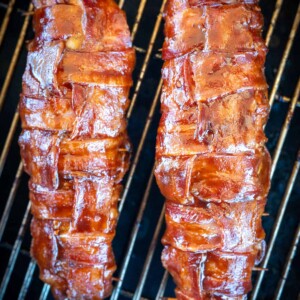 Smoked bacon-wrapped pork tenderloin.