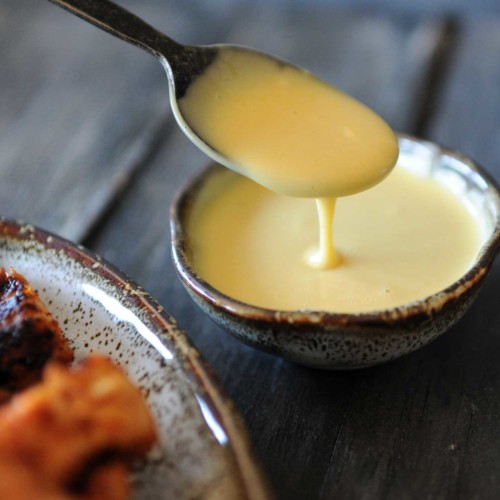 spoon with honey mustard dipping sauce