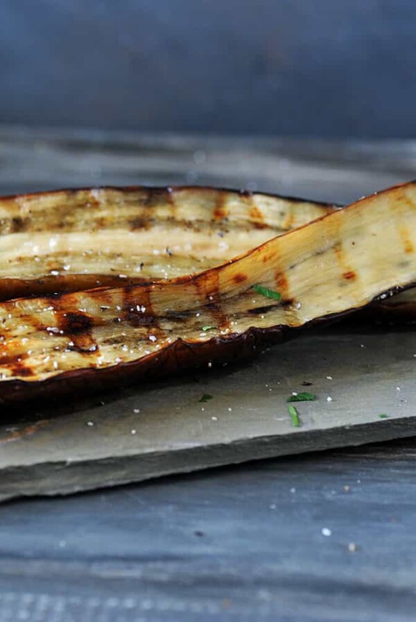 grilled Japanese eggplant on slate.