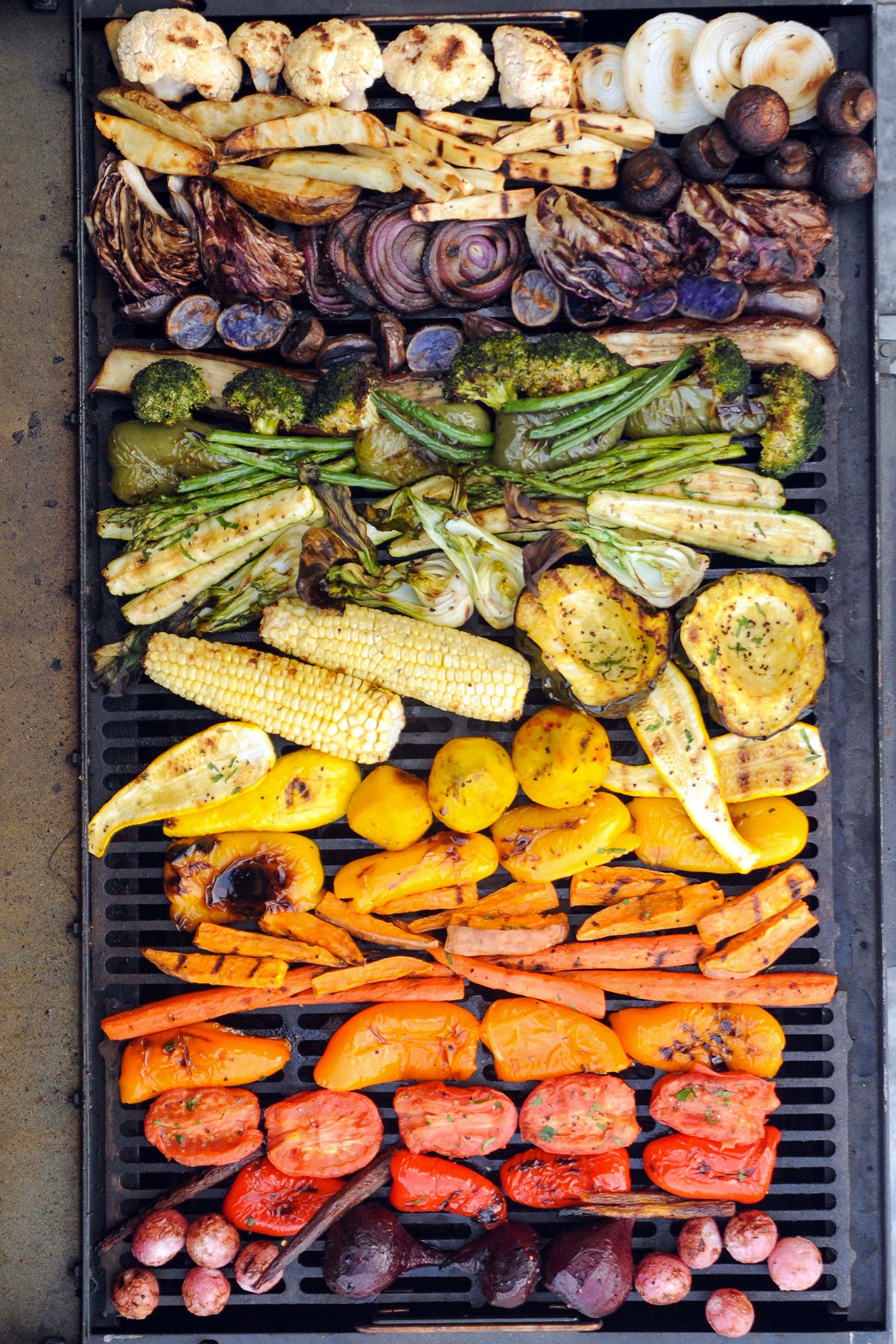 rainbow of grilled vegetables on a grill.