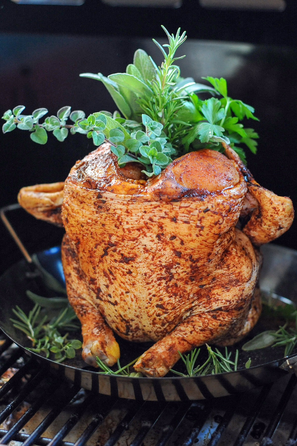 Chicken on beer can roaster stuffed with fresh herbs.