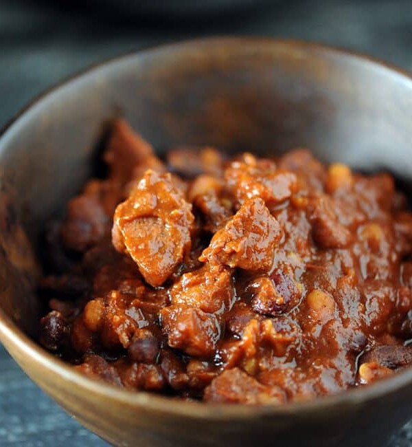 wooden bowl full of meaty chili