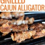 2 pictures, raw alligator, alligator grilling and plate of cooked alligator