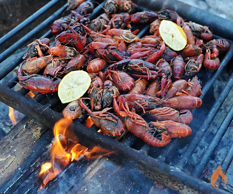 grill grate over campfire covered with crawfish and lemon