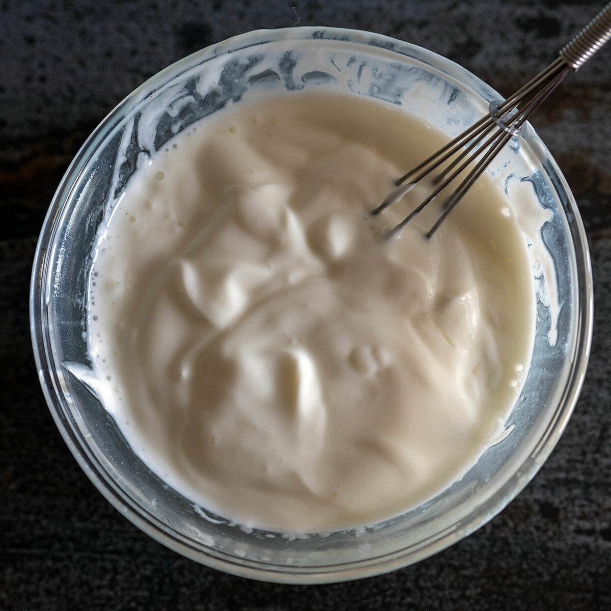Greek yogurt and milk whisked together.