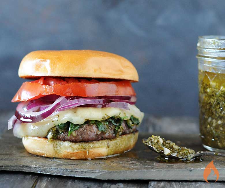 burger with tomato, red onion, white cheese and chimichurri sauce