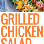 three pictures of grilled chicken salad with lettuce and mango