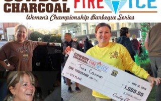 Three women pose with grill and winning check