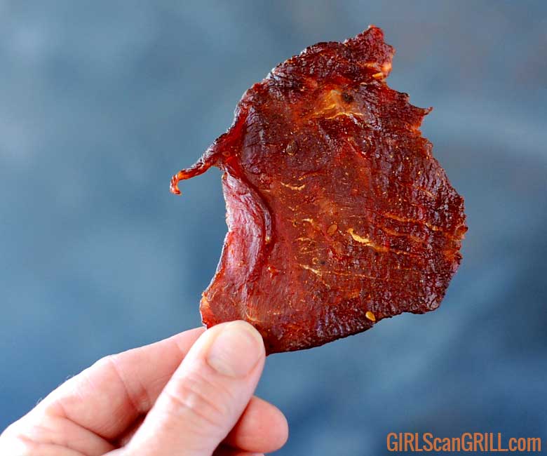 hand holding beef jerky against gray background