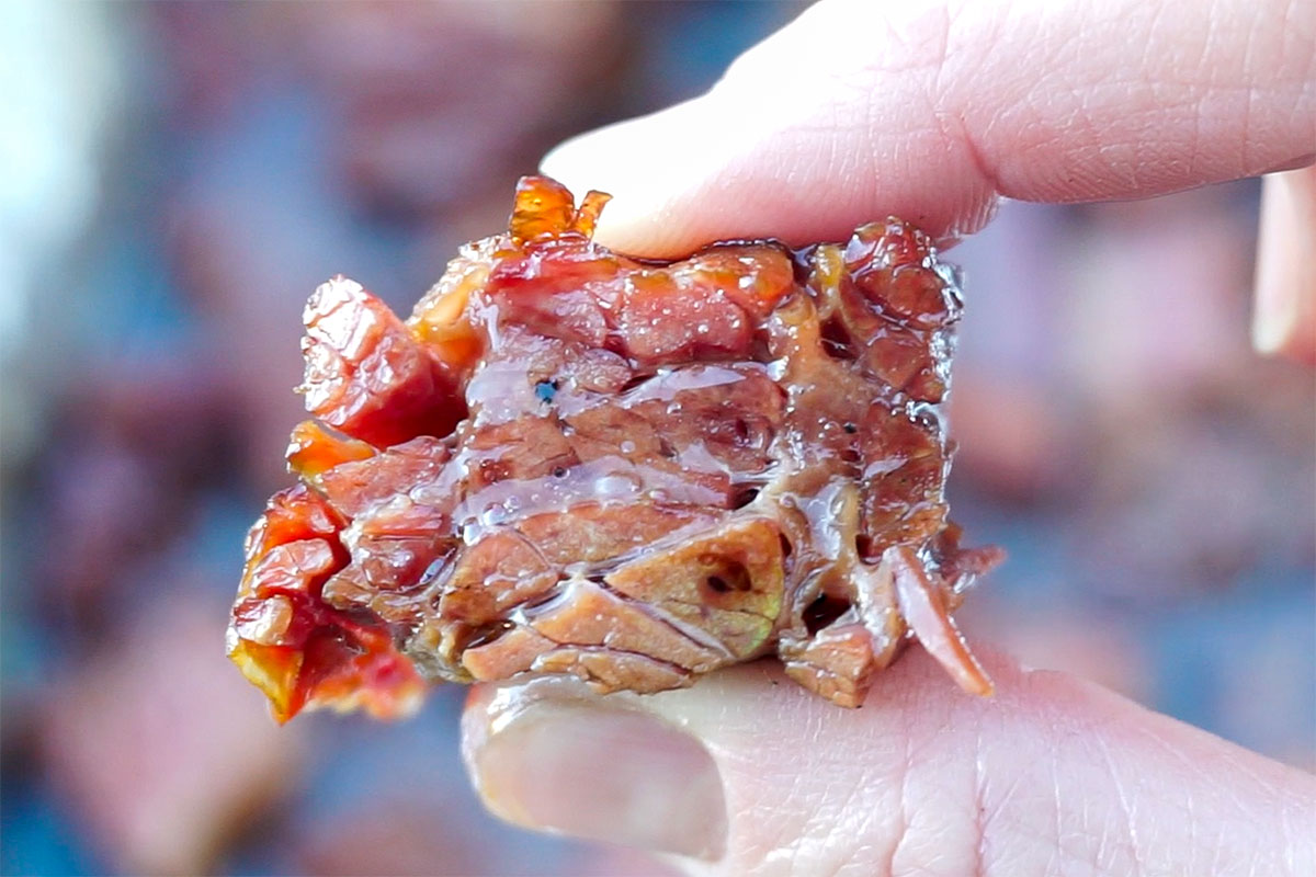 hand squeezing corned beef burnt end.