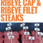 rows of ribeye filet steaks and ribeye cap steaks with toothpics