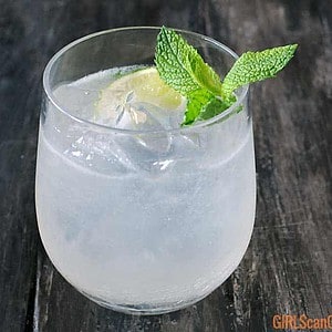 smoked mojito in glass on gray background with mint sprig