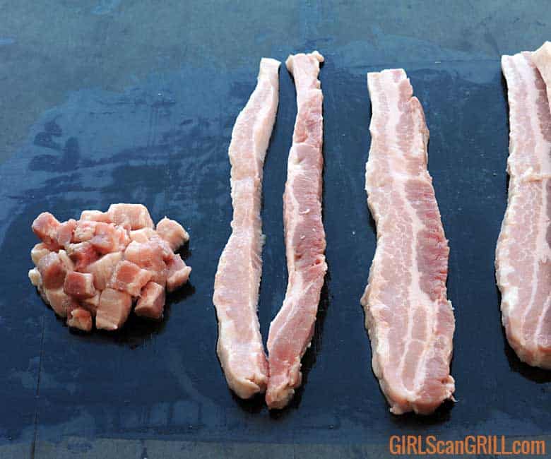 pork belly cubed, sliced into strips and sliced into bacon