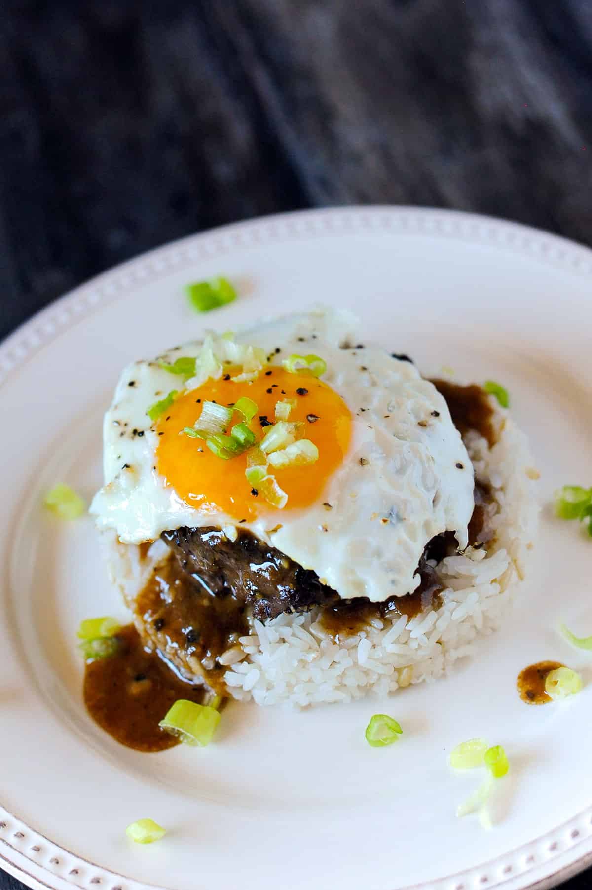 loco moco: beef patty on rice with fried egg.