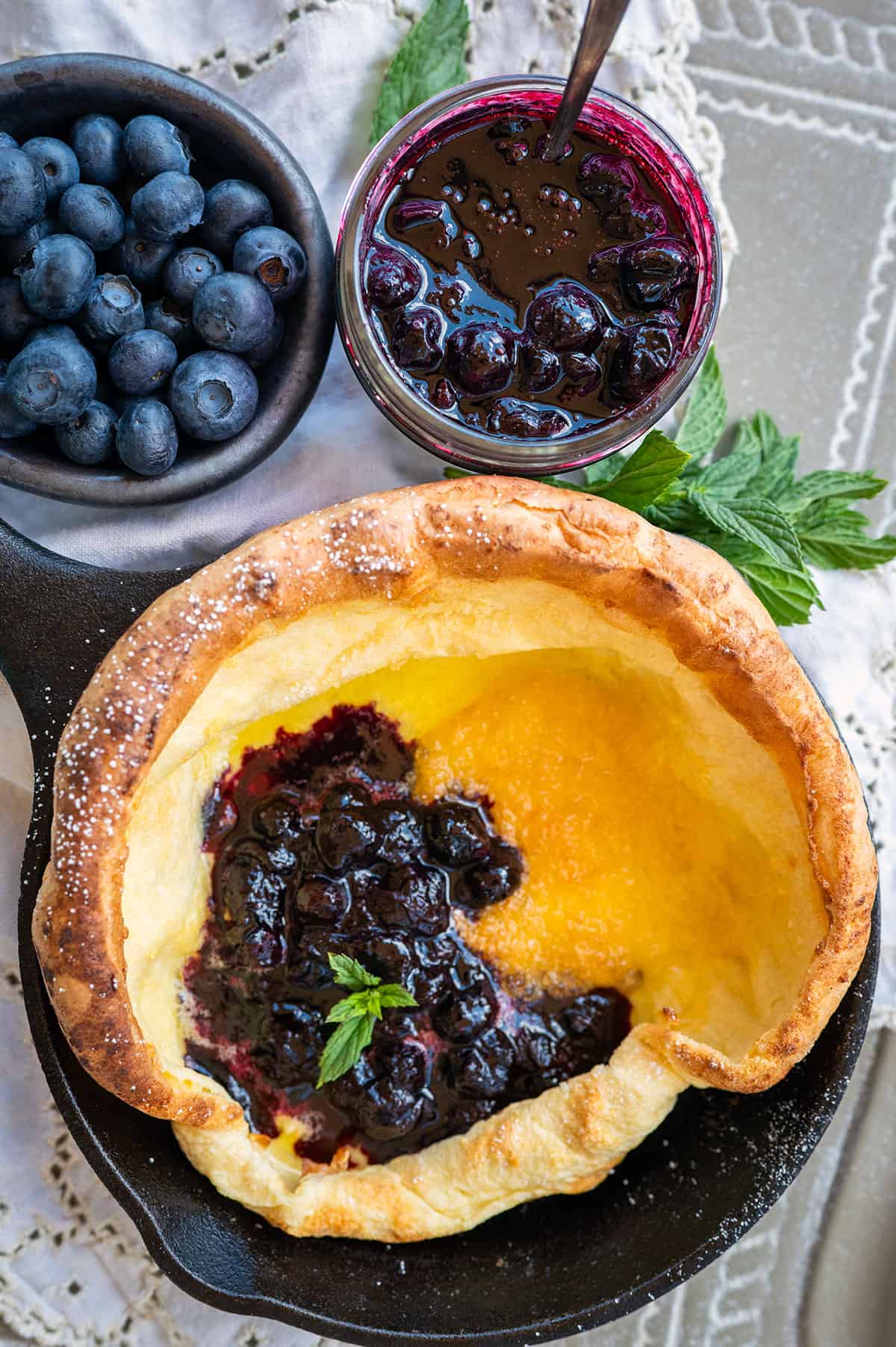 dutch baby with maple blueberry syrup.