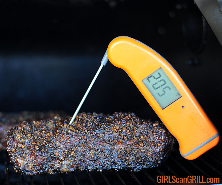instant read thermometer in beef at 205F degrees.