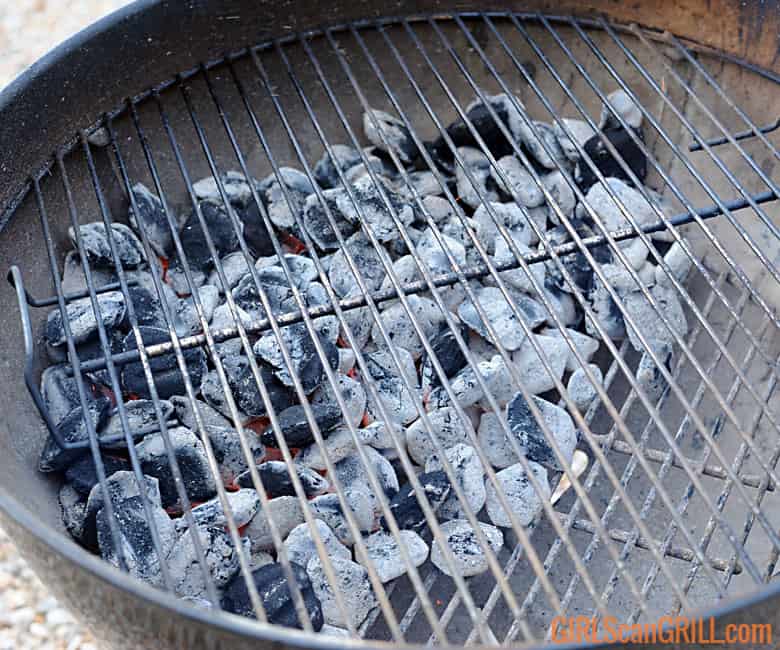 grill with ashed over coals pushed to left side