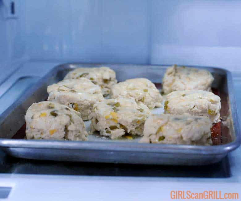 raw biscuits on pan in fridge.