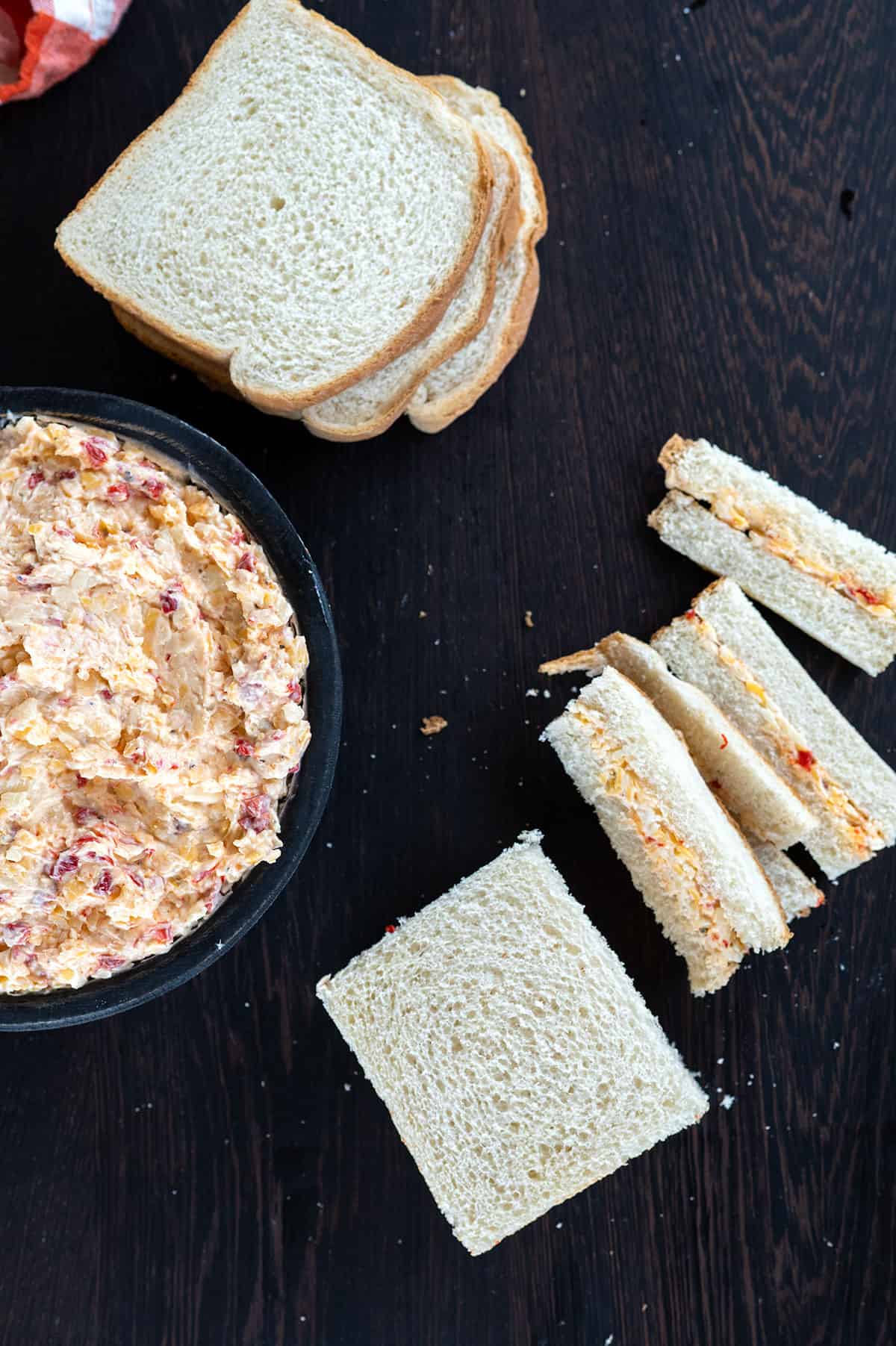 All crusts removed from pimento cheese sandwich.