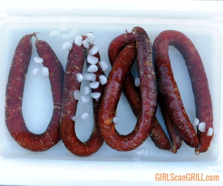 smoked beef sausage in ice bath
