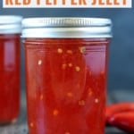 two jars full of bright red pepper jelly