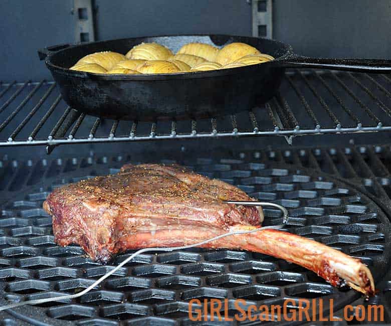 temperature probe in ribeye steak on pellet grill