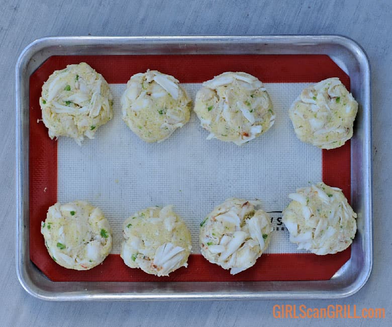 8 crab cakes on sheet pan