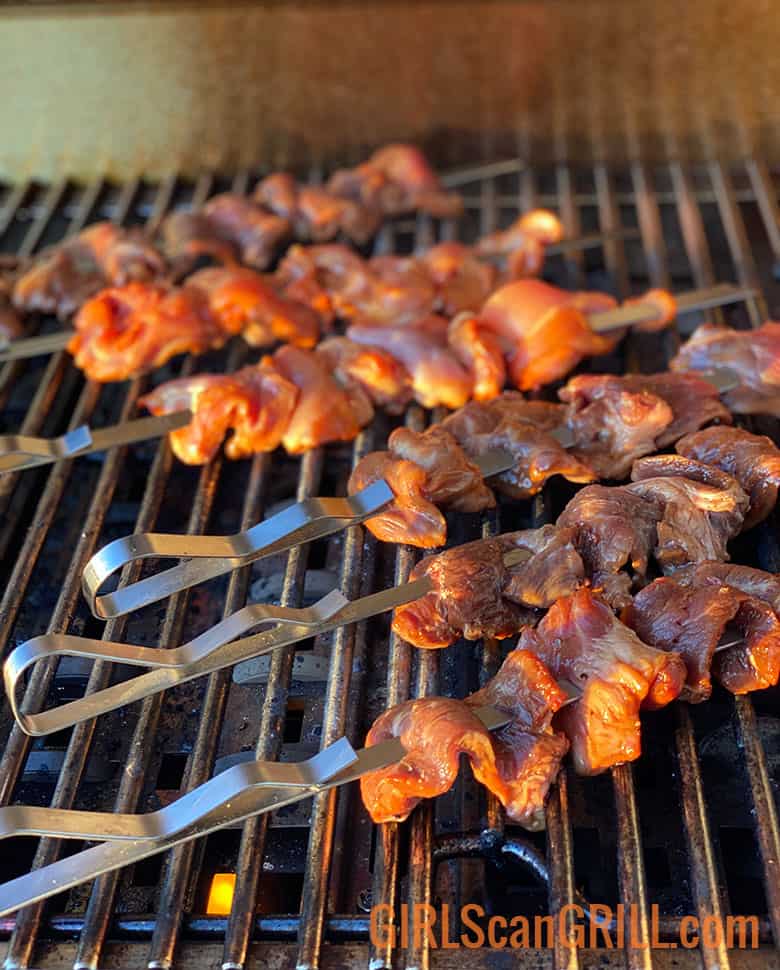 skewered pork and chicken on grill