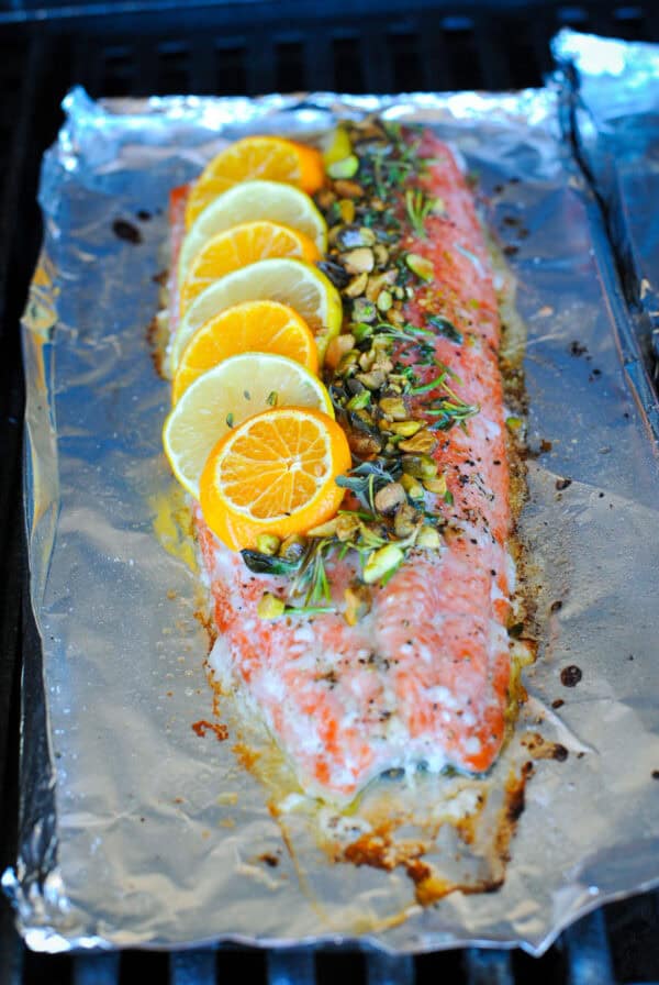 salmon on foil on the grill.