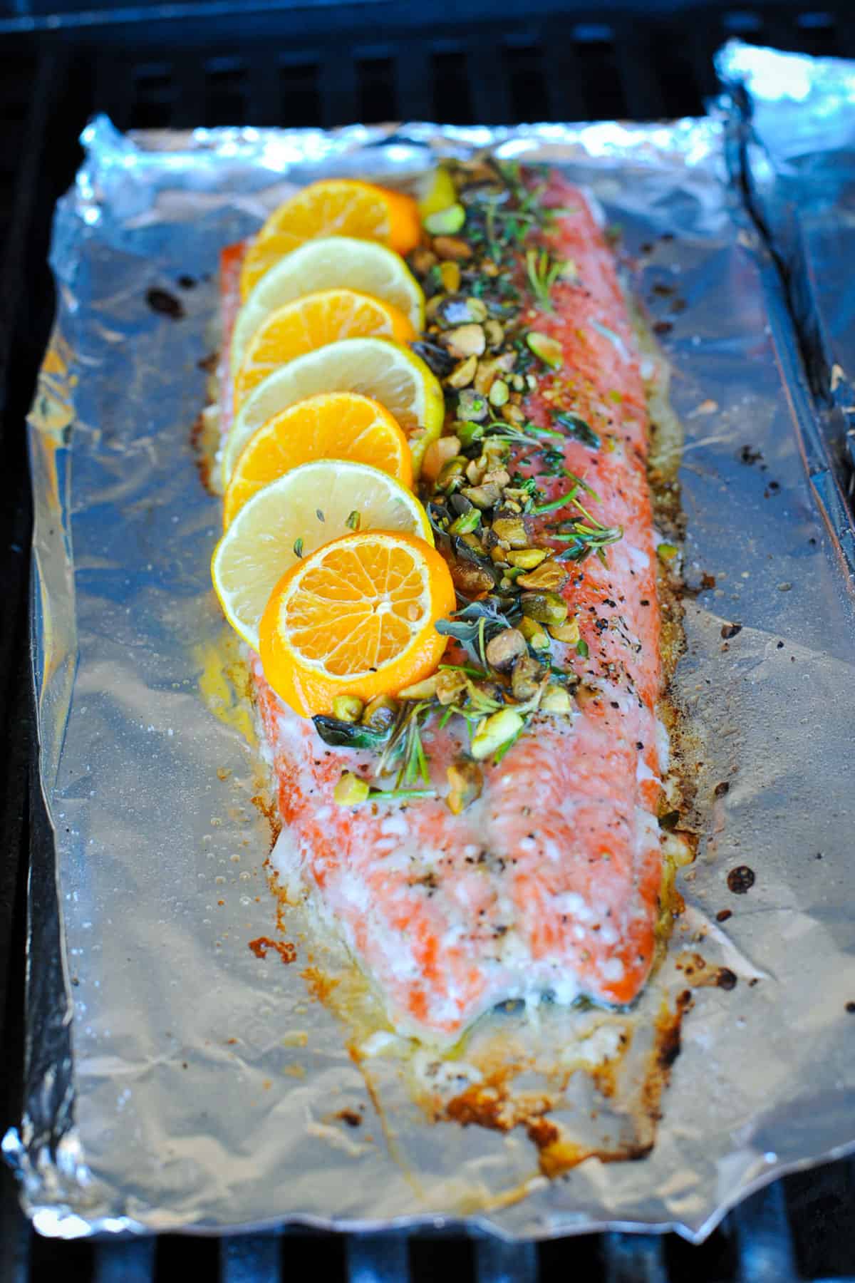salmon on foil on the grill.