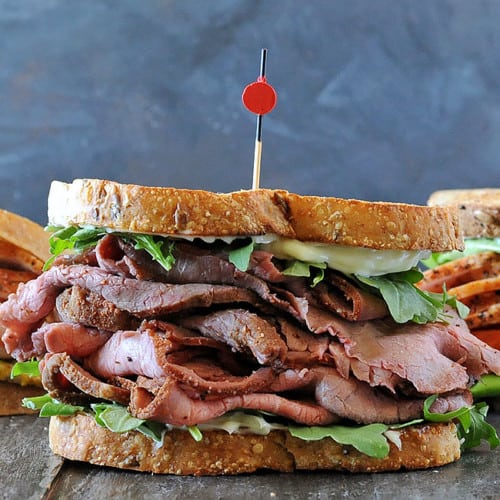 smoked homemade lunch meat - roast beef sandwich with lettuce
