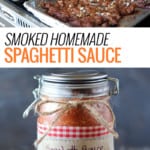 jar of Smoked Homemade Spaghetti Sauce plus beef and tomatoes on smoker