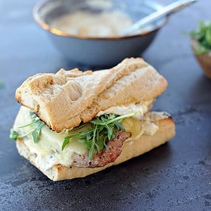 grilled tuna on baguette with arugula
