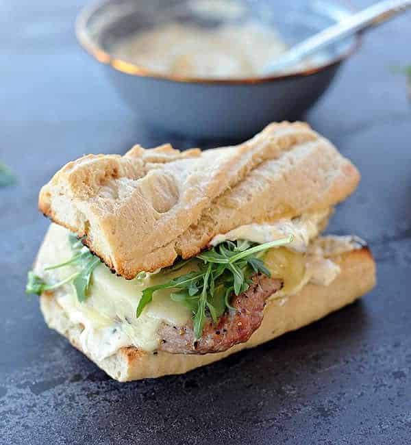 grilled tuna on baguette with arugula