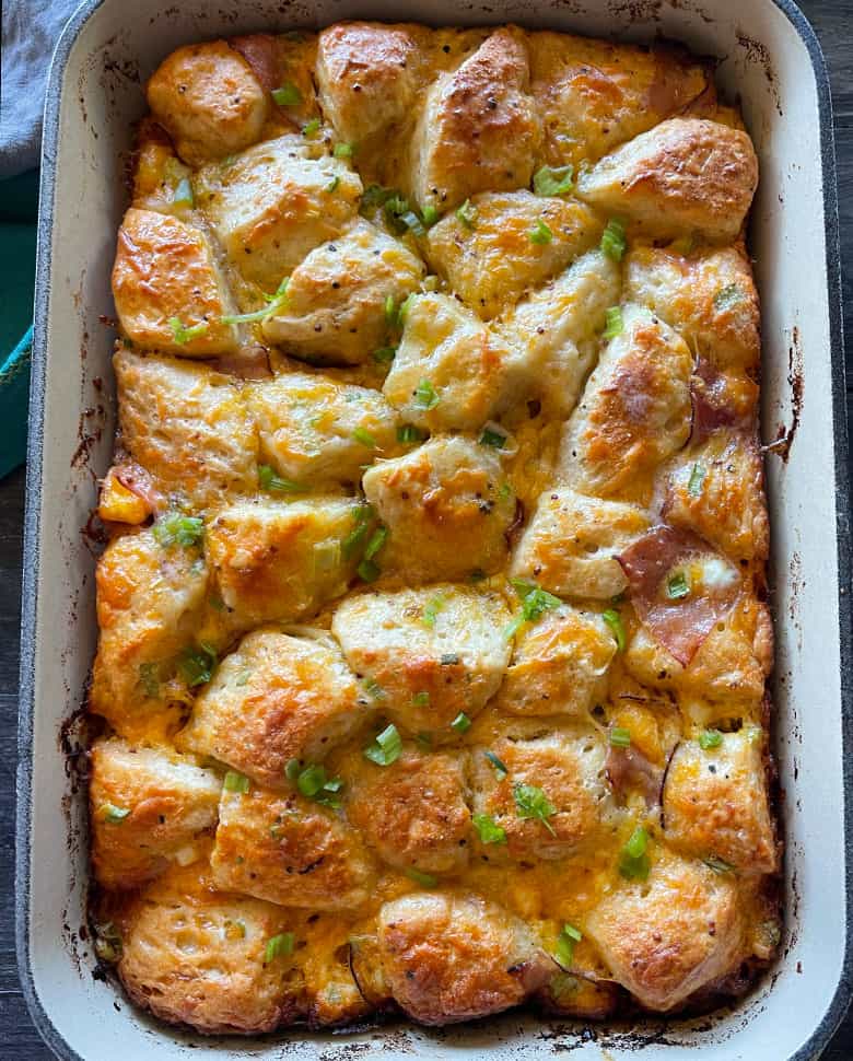 baked Ham and Biscuit Strata in 13x9 pan.