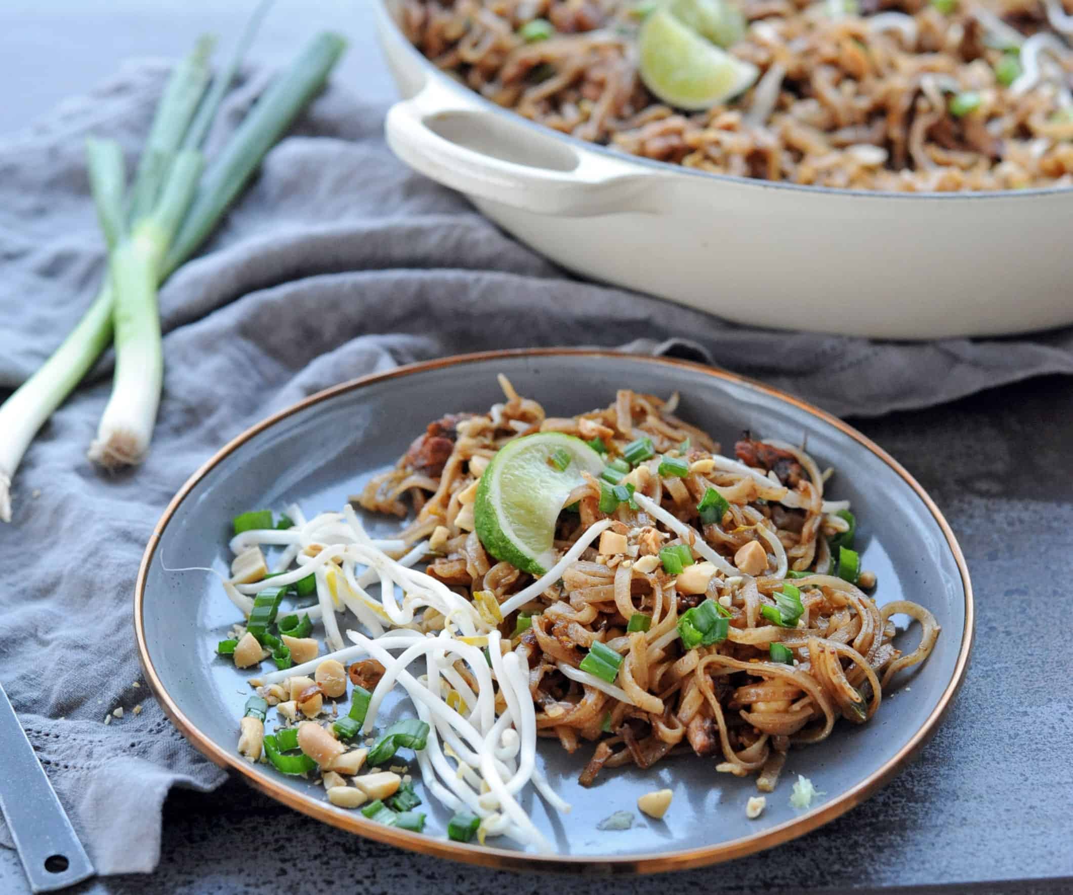 Grilled Pad Thai on a gray plate.