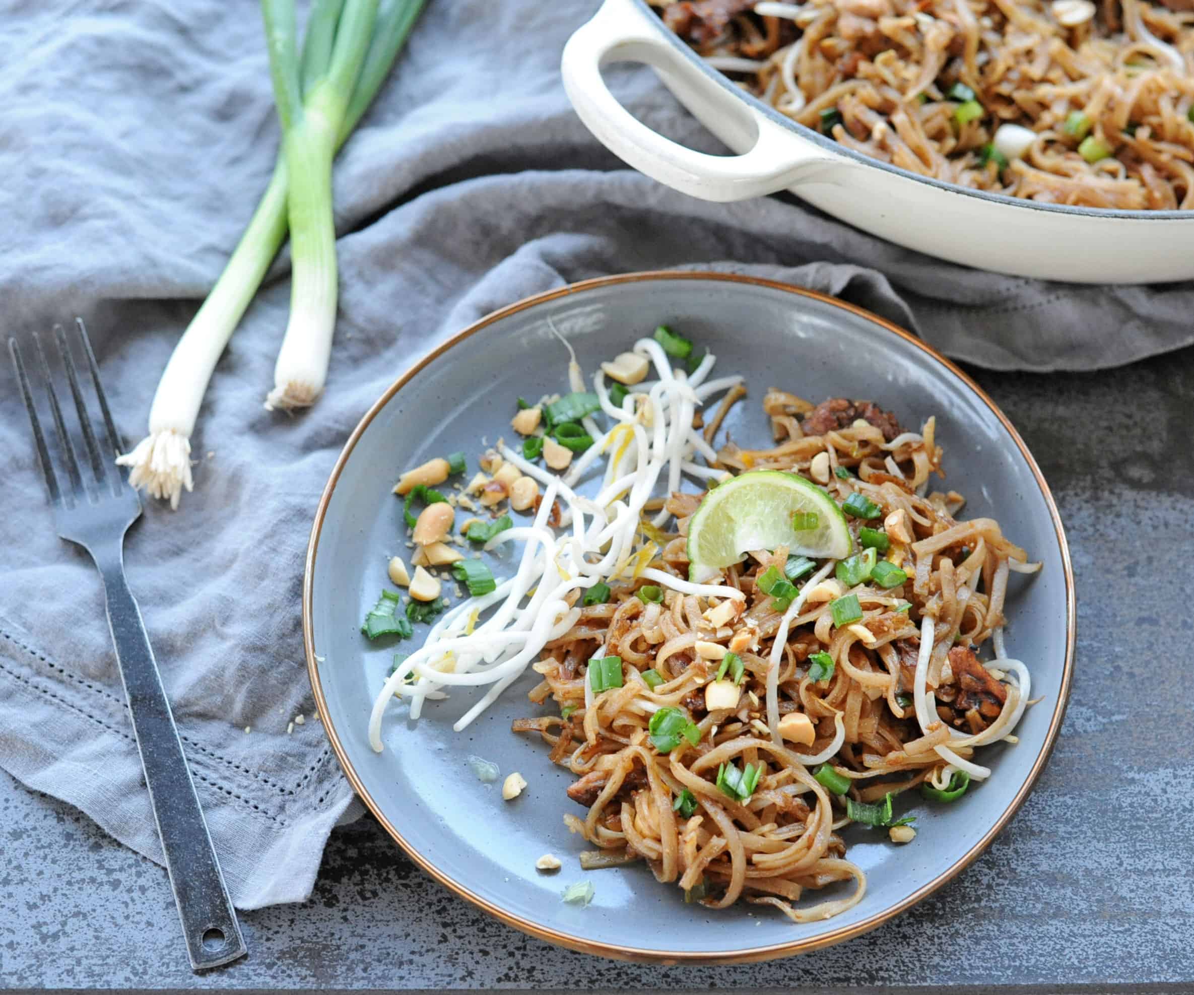 Grilled Pad Thai on a gray plate.