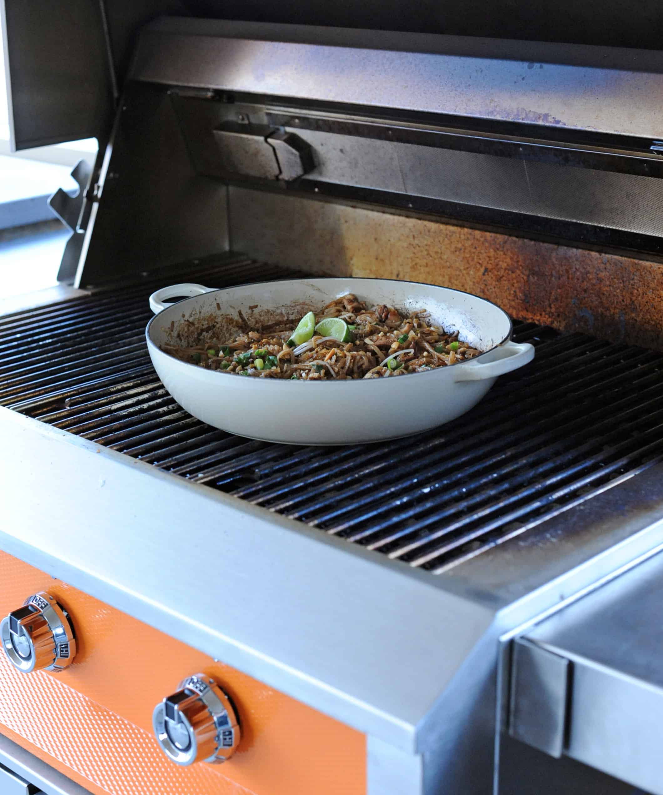 Grilled Pad Thai on a grill.