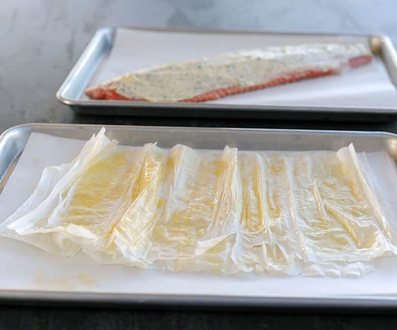 tray of phyllo dough and tray of salmon.