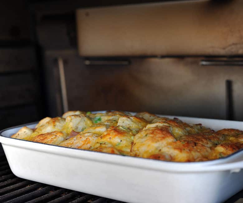 baked Ham and Biscuit Strata in the grill.