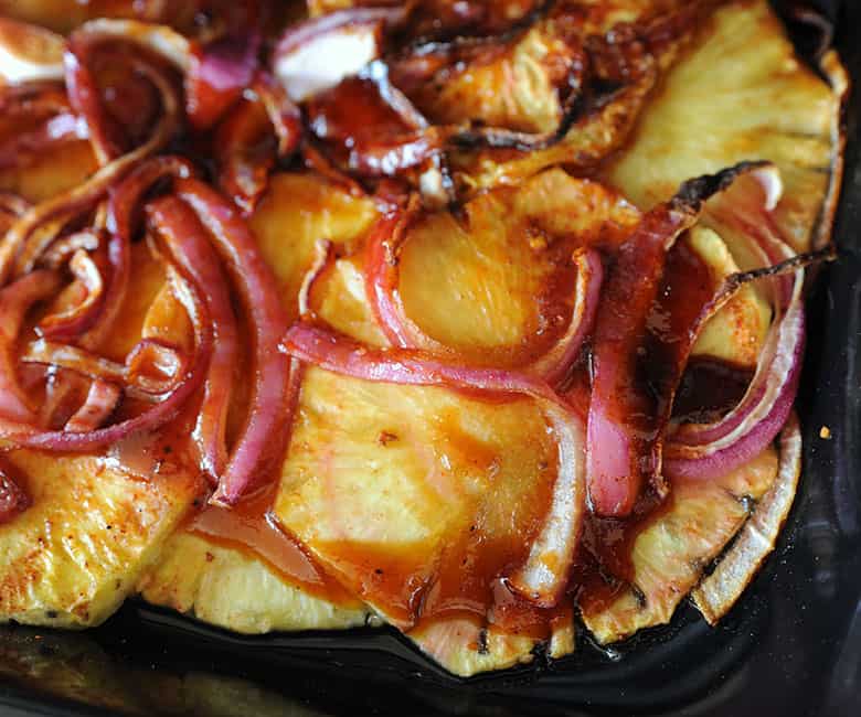 pan of cooked pineapple and red onion