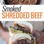 holding shredded beef sandwich