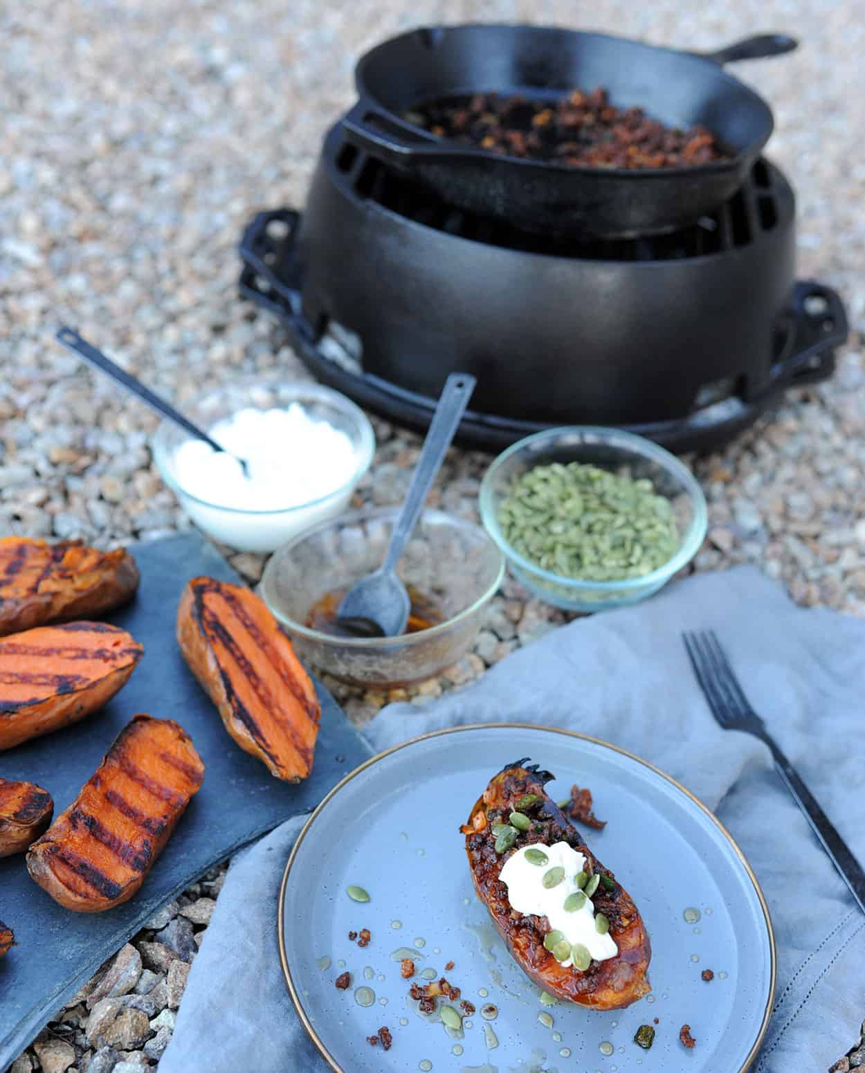 grilled sweet potatoes by Lodge kickoff grill.