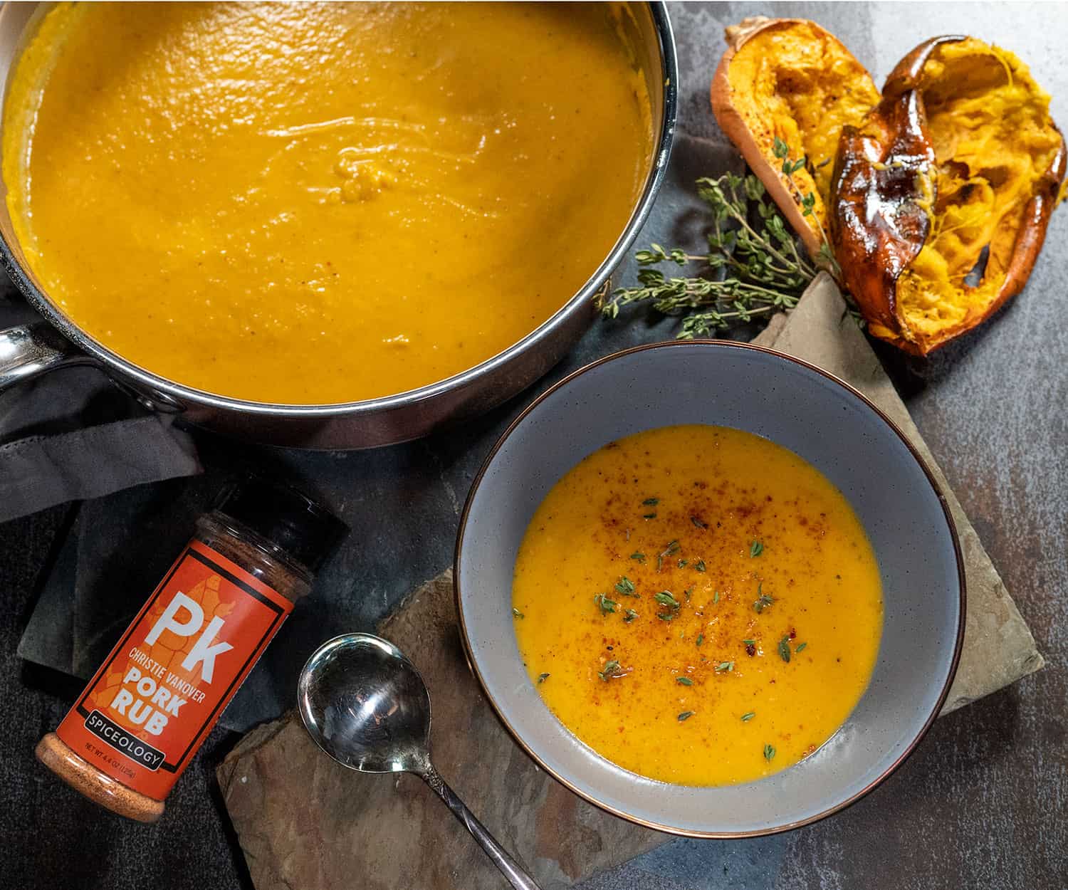 bowl and skillet of Grilled Butternut Squash Soup