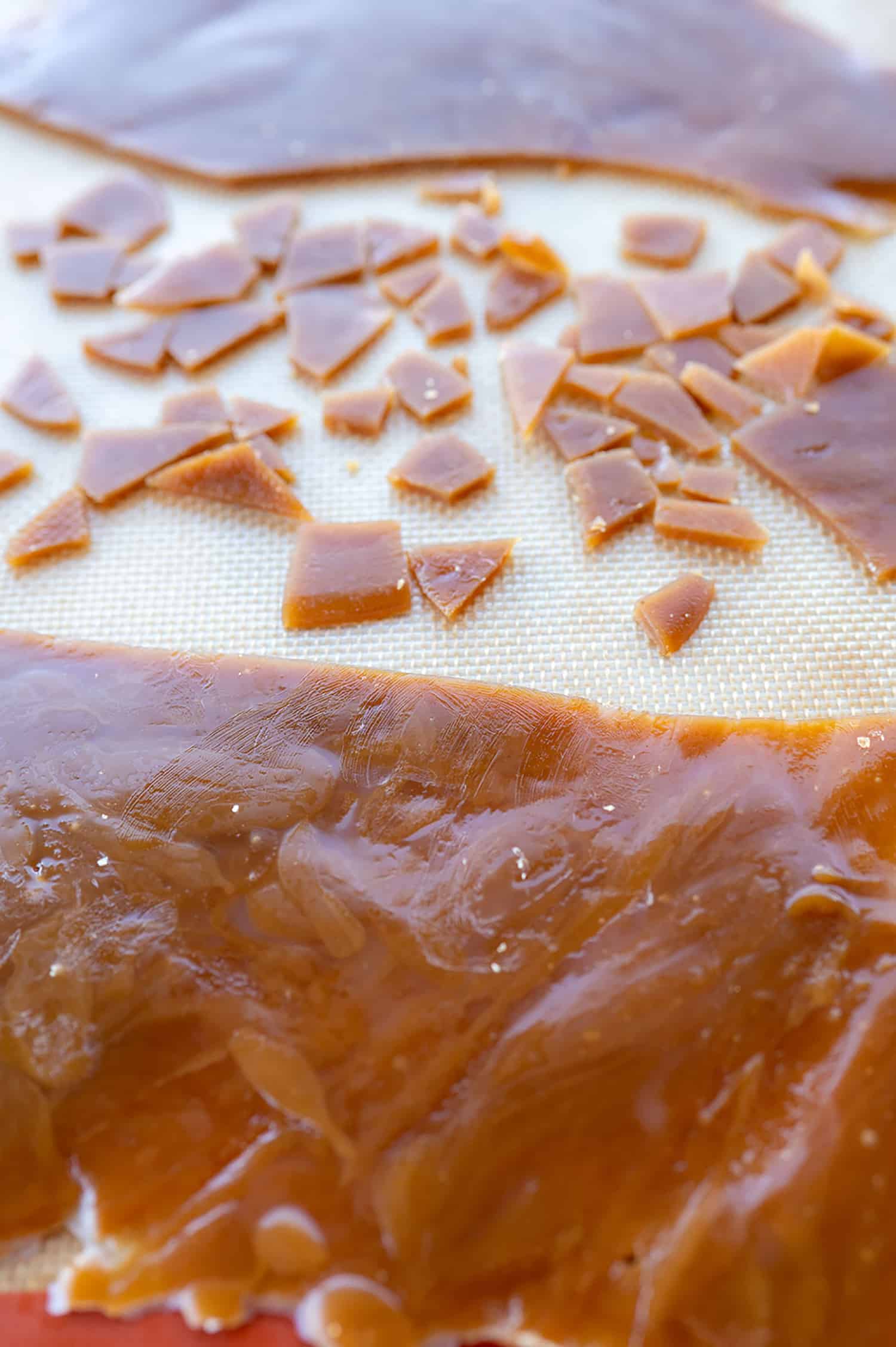 whiskey toffee cracked on lined pan