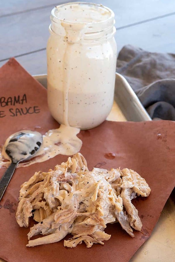 pulled turkey on platter with Alabama White Sauce